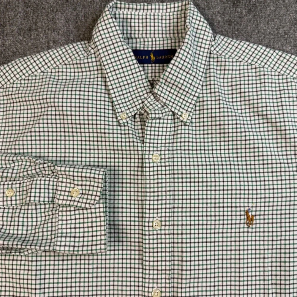 Polo Ralph Lauren Button Down Shirt Mens Large Green White Tattersall Check